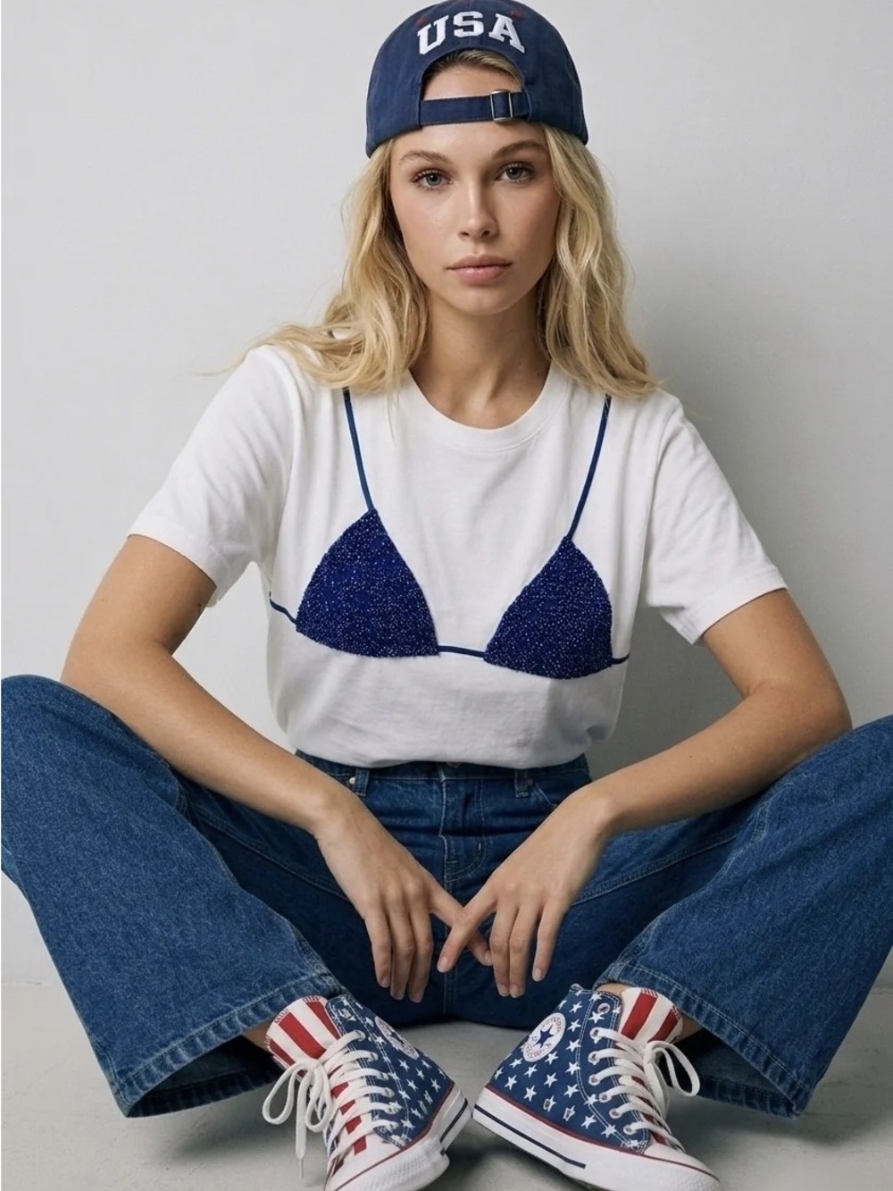 Navy Beaded Triangle Bralette Bikini Tee